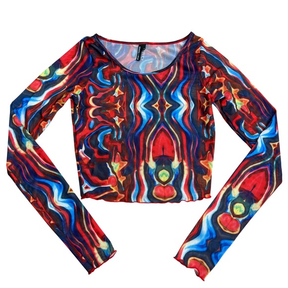 Kendall + Kylie Tops - Kendall + Kylie Abstract Red Spice Sheer Mesh CropTop Women M  Festival Edgy Y2K